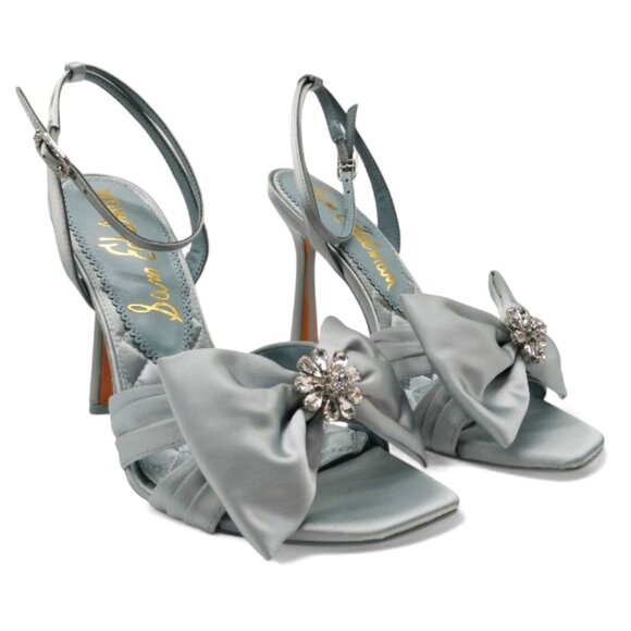 Sam Edelman Lexi Size 9 Cape Blue Satin Embellished Bow Ankle Strap Dress Sandal - Picture 12 of 16